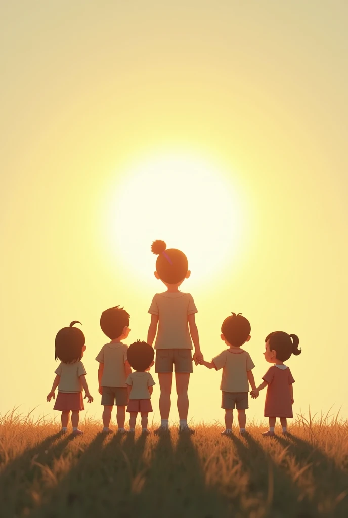 Group od ren with one adult guardian standing with their backs and looking towards the sun on a plain background