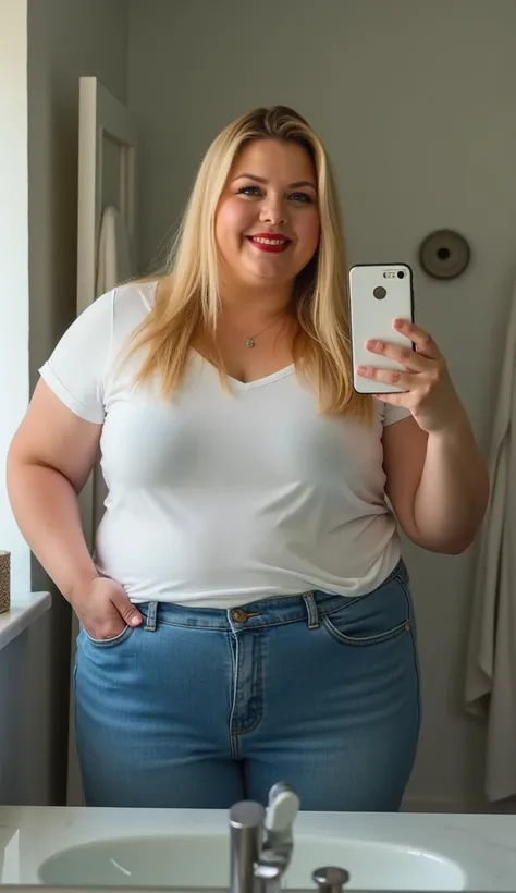 40 year old casual chubby blonde woman taking a mirror selfie in her bathroom wearing a casual t-shirt and blue jeans pants, long dyed blonde straight hair, natural big breasts, cleavage, big hips, thick thighs, soft smile,accurate details, using make-up, ...