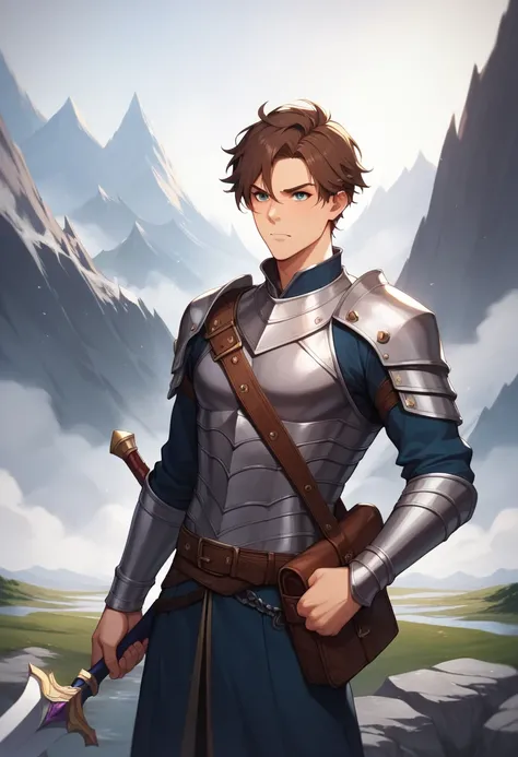 "A battle mage walking confidently through a rugged path, wearing dark leather armor with intricate rune engravings. He has messy brown hair and a determined expression. In one hand, he carries a sleek, enchanted sword that glows faintly with a mystical li...