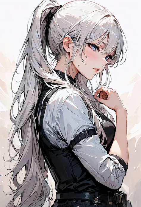 (masterpiece,  Best Quality :1.2),  1 girl,White hair，  unique ，Braiding，High Ponytail