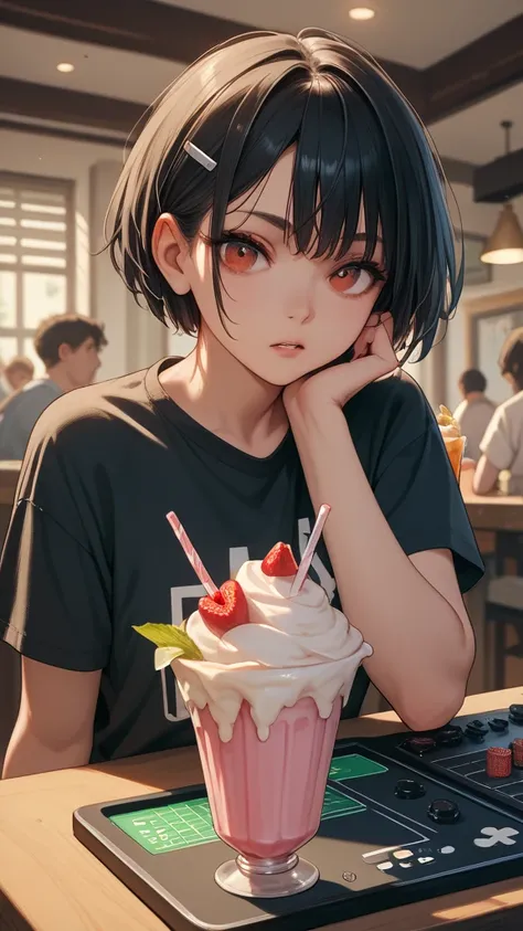 a girl with black onduled short hair, red eyes, playing boardgames in a geek hamburgueria, milkshake on the table