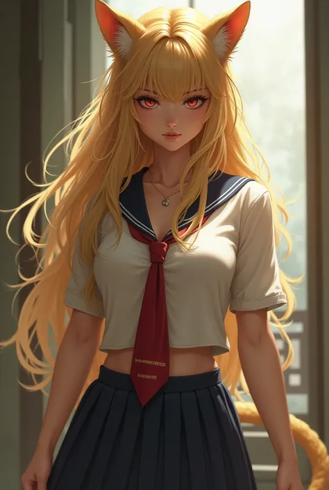 A pretty woman with a sexy body ,  big bust and long blond hair. She is wearing a Japanese school uniform. her skin is slightly tanned.  She is not a person but has ears like a lioness and a corresponding tail. 