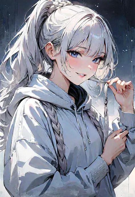 (masterpiece,  Best Quality :1.2),  1 girl,White hair，  unique ，Braiding，High Ponytail，Smile