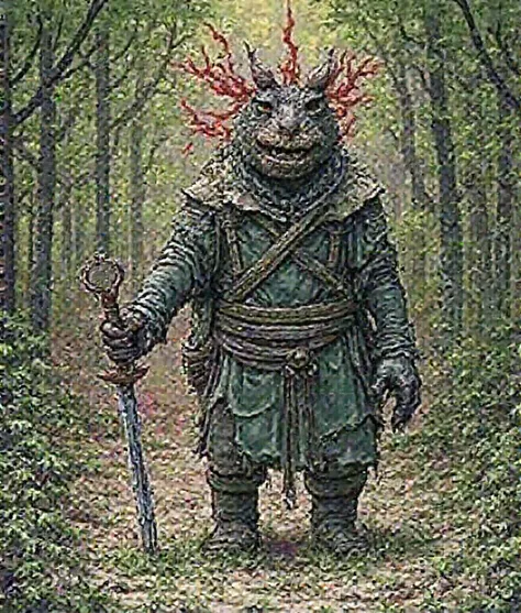  The villagers were afraid of the creature , Well, they knew that ,  if they didnt offer their sacrifice ,  Xeroth would claim his soul .  But a young man named Eldan decided to challenge the legend.  Armed only with an iron dagger , went into the forest .