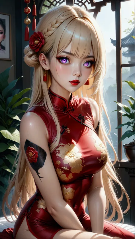 (masterpiece, aesthetic, detailed eyes, realistic), 1girl, mahiru shiina, angel next door spoils me rotten, Long smooth straight golden color hair, gradient eyes from red to violet, large bust, large hips, slim waist, sitting in cheongsam, super detail, ul...