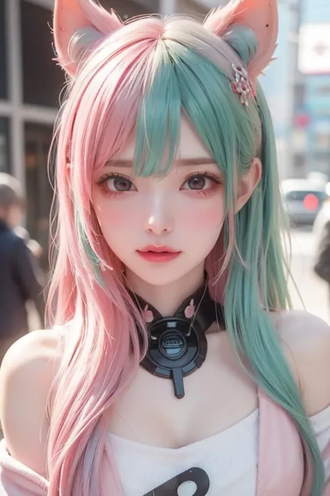 Miss, Real Characters ,  with green hair and pink hair ,  blue eyes ,  Japanese Cartoons,  unique , modern,  cyberpunk