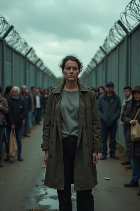  An emotionally intense scene portraying the external area of a Prison,  with high walls and barbed wires in the background . Lens In the foreground,  a simple and strong woman ,  Holding a  ,  is standing in a long line for visitors .  Her expression mixe...