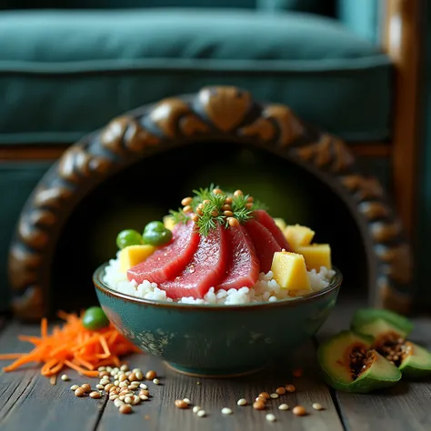 Create me a picture of a poke bowl under the couch