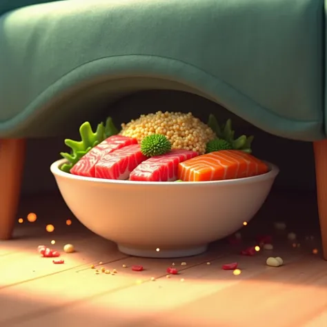 Create me an animated image of a poke bowl under the couch