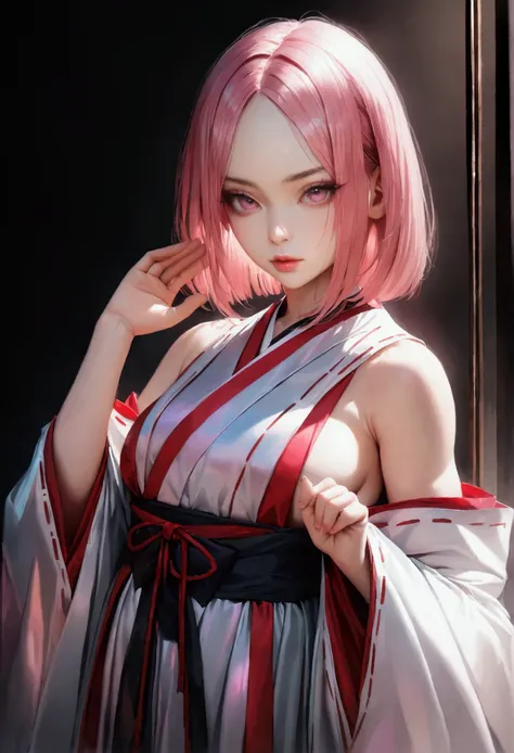 cute woman, pink shining glossy silky bob cut, forehead, vivid and seductive expression, long thick eyelashes, superlative great body proportion, abs, one hand raised high, wearing loose red and white sleeveless Japanese shrine maiden costume, background i...