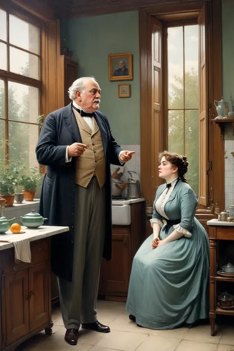 Full body shot of A plump voluptuous buxom  Victorian widow arguing with an elderly gentleman in front of a window in her kitchen, by Jean Béraud, inspired by Jean Béraud, inspired by Édouard Detaille, edouard leon cortes, inspired by Ivan Kramskoi, inspir...