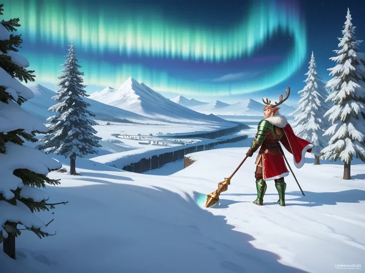 A snowy nighttime fantasy scene featuring three unique warriors standing atop a hill. Above them, the aurora borealis lights up the starry sky in vibrant greens and purples. In the distance, a cozy, snow-covered village is visible with a large, glowing Chr...