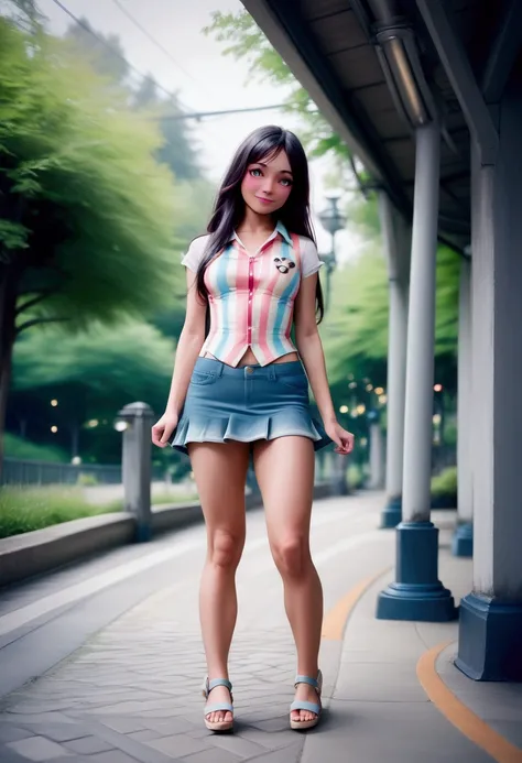 pretty  woman, standing posed, train platform in forest, (+forehead, long hair, black hair),   sloping sleeveless shirt (+multicolored striped shirt),  denim mini skirt,  sneaker sandals, BREAK, (1girl, solo, full body), (best quality,4k,8k,highres,masterp...