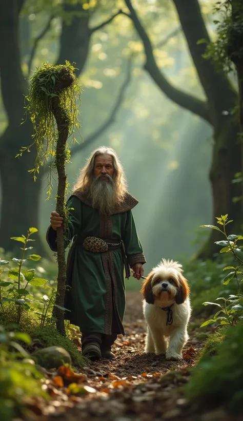 A wise Shih Tzu with brown and white fur, walking with a druid through an ancient forest. The druid has a staff entwined with vines, and the Shih Tzus eyes convey wisdom beyond its years. The forest is alive with magic and ancient secrets. Cinematic, reali...