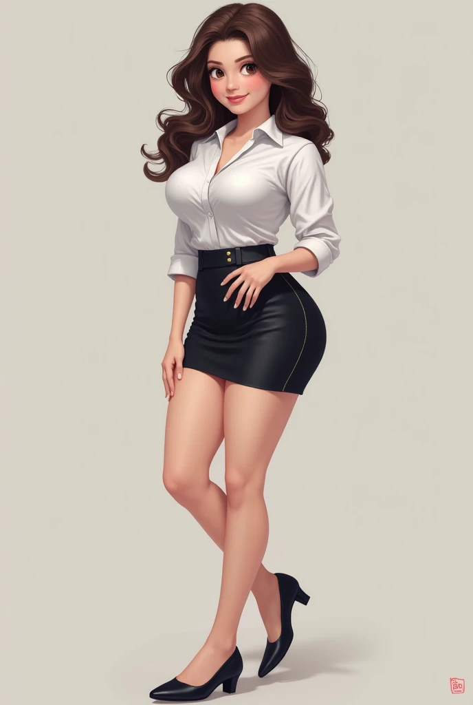 I am Dai, a girl with a beautiful body, big breasts and legs, curly hair, I am affectionate and shy, I am dressed in a black skirt and a short white button-down shirt with black shoes with not so high heels