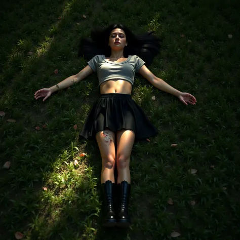 a top down full body photorealistic depiction of a beautiful tween, lying unconscious on a grassy ground, eyes closed, arms stretched out, legs bent, her black hair tousled, dressed in a crop top, black skirt, and boots, with injuries across her body, clot...