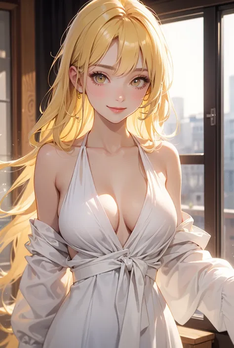 Pretty woman, long blonde hair, yellow eyes color,E cup breasts, smile, white skin, bang swept to left, white cloth, shape eyes