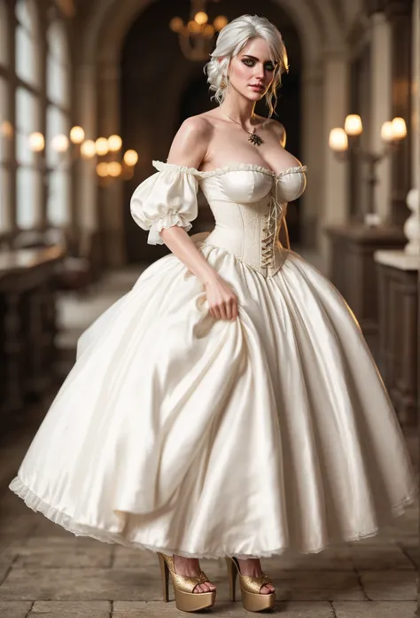 score_9, score_8_up, score_7_up, Ciri from "The Witcher" series, (white hair), (Ciri a s a queen with gorgeous eyes), (Ciri is wearing a victorian stiyle queen dress with corset, the corset has golded embrodery, platform high heels, golden earrings), (mass...