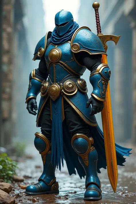 Blue helmet, black pants, blue shoes with gold armor with a yellow sword on the back
