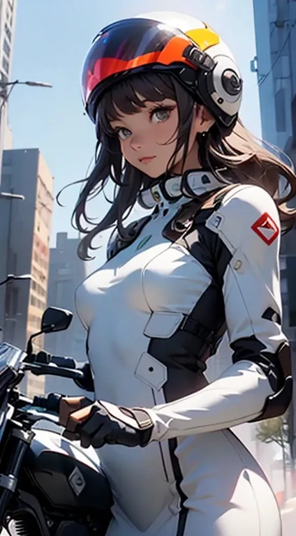 the highest picture quality, Prominent details,  Ultra-high resolution , (Fidelity: 1.4), The best illustration, Favor Details,  highly condensed 1girl ,  with a delicate and beautiful face , white and black dress, Wear a mecha helmet, Holding a direction ...