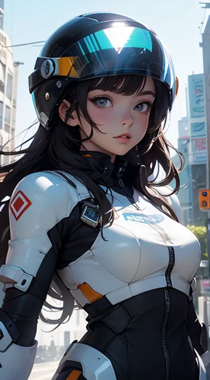 the highest picture quality, Prominent details,  Ultra-high resolution , (Fidelity: 1.4), The best illustration, Favor Details,  highly condensed 1girl ,  with a delicate and beautiful face , white and black dress, Wear a mecha helmet, Holding a direction ...