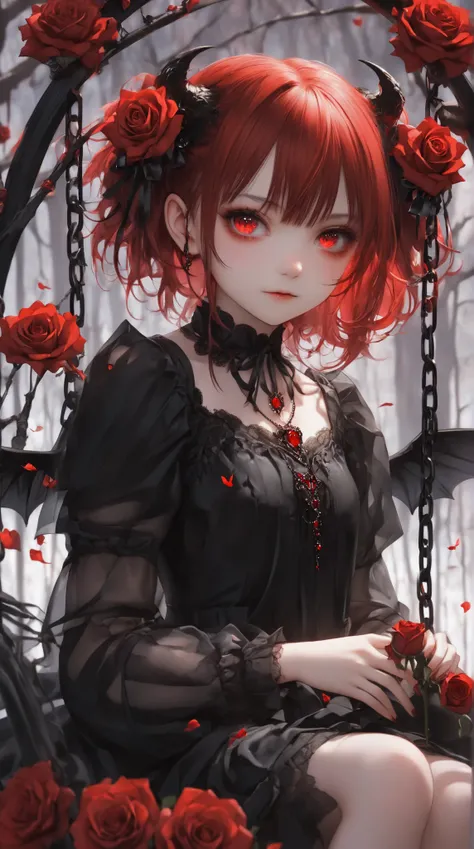  She is a pretty anime demon girl with black wings ,  Half human , Her eyes are bright red and her hair is short black ,  in her hands she has a red rose and is sitting on a swing 