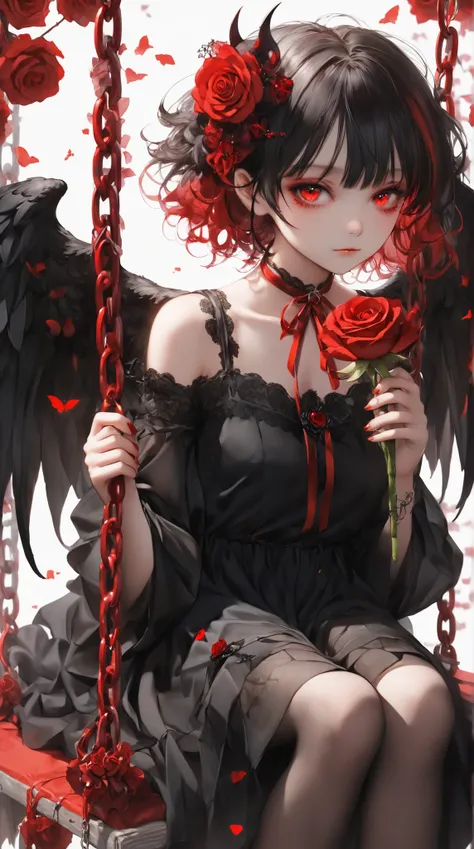  She is a pretty anime demon girl with black wings ,  Half human , Her eyes are bright red and her hair is short black ,  in her hands she has a red rose and is sitting on a swing 