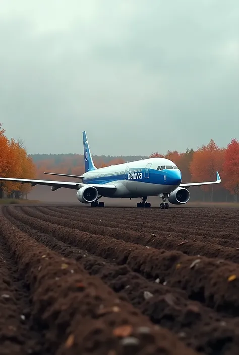 Boeing Belavia plane in a plowed field in autumn