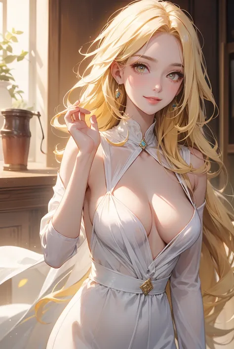 Pretty woman, long blonde hair, yellow eyes color,E cup breasts, smile, white skin, bang swept to left, white cloth, shape eyes, medium shot, left hand raised to grab hair at shoulder