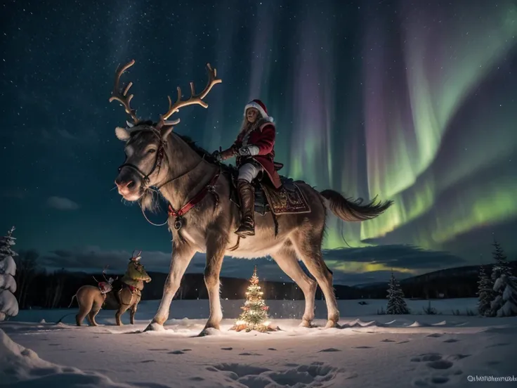 A snowy nighttime fantasy scene featuring three unique warriors standing atop a hill. Above them, the aurora borealis lights up the starry sky in vibrant greens and purples. In the distance, a cozy, snow-covered village is visible with a large, glowing Chr...