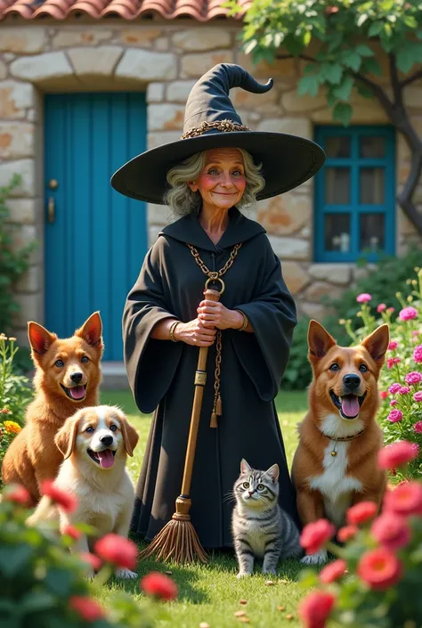 56 years old woman, witch hat, in garden, 4 dogs, one cat and one greece and white kitten, background house greek style, stone walls and blue windows 