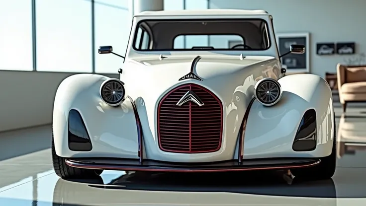 Front  side view of painted gleamy Bright white  with shiny clour Modren (  2025 Citroën 2CV   in large shape sedan in large size with (  Citroën    )logo on its large detailed grille in shiny red refelection falling on car clour with angular sporty design...