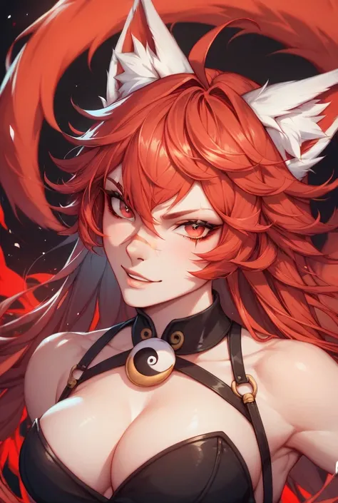 The character has bright red hair styled in medium-length waves. Lower Nose Scar
Animal-like ears resembling fox ears with white fur inside. 
Vibrant red eyes that exude liveliness.
Wears a deep red shirt paired with a black tie featuring a yin-yang pin in...