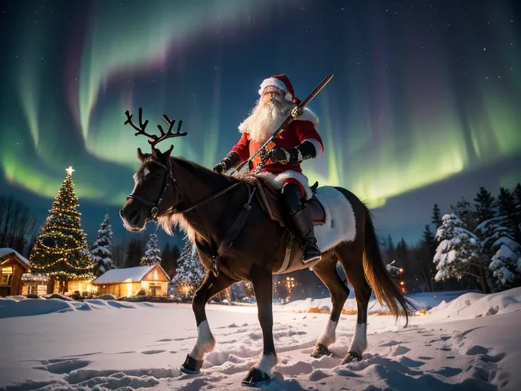 A snowy nighttime fantasy scene featuring three unique warriors standing atop a hill. Above them, the aurora borealis lights up the starry sky in vibrant greens and purples. In the distance, a cozy, snow-covered village is visible with a large, glowing Chr...