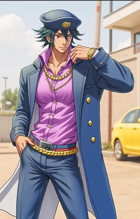 ultra-realistic, hyper-detailed, photorealistic, anime cosplay character resembling a confident young man, wearing a navy blue trench coat with golden buttons, a purple shirt with detailed fabric texture, a stylish golden chain hanging from his collar, and...