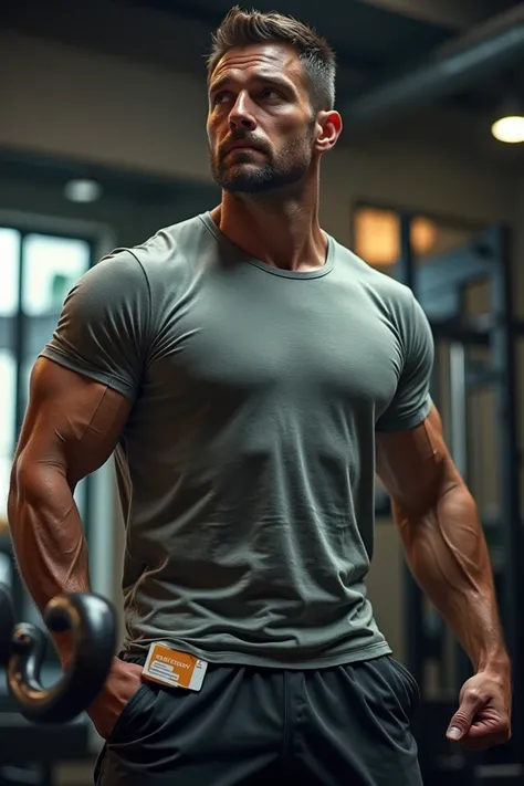 A man in his late twenties, muscular but slightly out of shape, pushing through an intense gym session. He’s drenched in sweat, wearing a plain gray t-shirt and workout shorts, lifting weights with a focused, determined look on his face. The gym is bustlin...