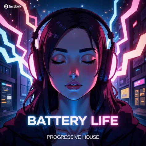 A captivating streaming thumbnail featuring a stylized image of a young woman with her eyes closed, wearing headphones, and surrounded by colorful, glowing electrical lines that represent power and energy. The background is a dark, blurred cityscape at nig...