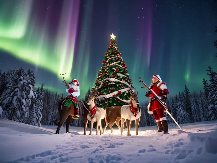 A snowy nighttime fantasy scene featuring three unique warriors standing atop a hill. Above them, the aurora borealis lights up the starry sky in vibrant greens and purples. In the distance, a cozy, snow-covered village is visible with a large, glowing Chr...