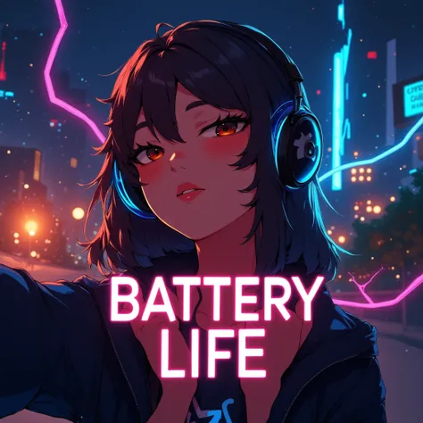 A captivating streaming thumbnail featuring a stylized image of a young woman with her eyes closed, wearing headphones, and surrounded by colorful, glowing electrical lines that represent power and energy. The background is a dark, blurred cityscape at nig...