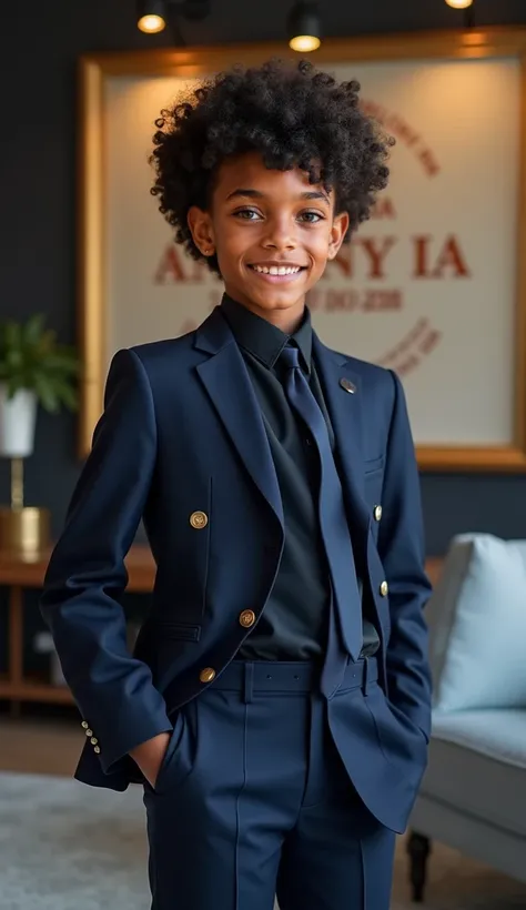 " A confident boy with approximately 10 to  , pele morena,  curly black hair styled in a social gradient ,  and green eyes with an impressive ruby glow .  He has a striking smile ,  wearing an elegant social costume in the color navy blue ,  that reflects ...