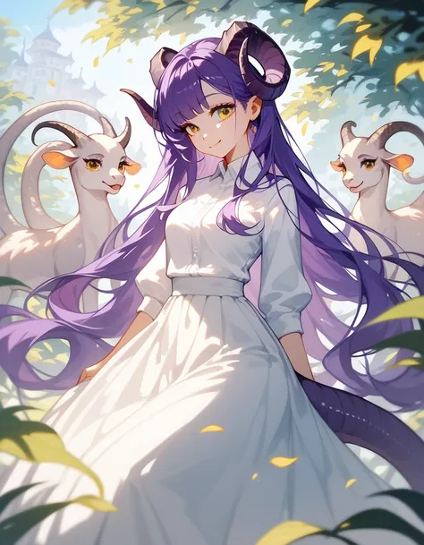 girl, purple hair,With curved horns ,Long hair,I gathered, has a tail , White Shirt, long skirt, eyes in yellow eyes,cute, medium chest,Long eyelashes,beautiful, long skirtสีม่วงดำ