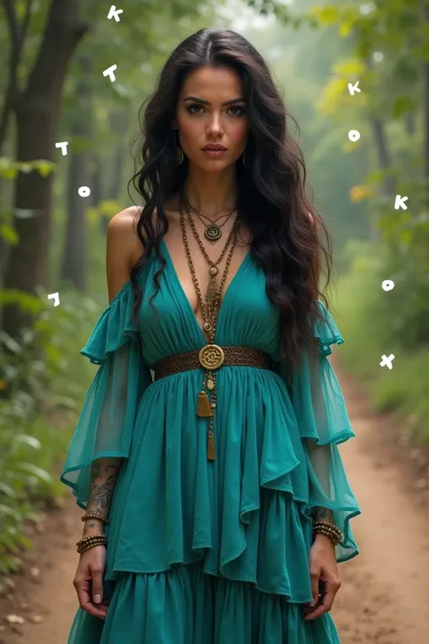  A gypsy woman with a long ,  dark haired  ,  expressive brown eyes ,  dark skin tone  ,   and striking facial features  ,   such as high cheekbones and full lips  .   wearing a turquoise gypsy dress with lots of ruffles.    She is surrounded by floating l...