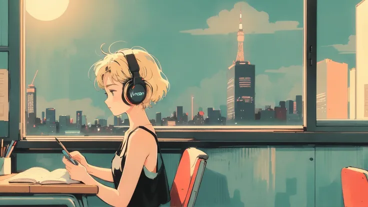 Blonde short hair girl, profile, side composition, holding pencil, studying, coffee on desk, night view, aesthetic, atmospheric, lo-fi art style, noble girl, lo-fi color, masterpiece, best quality, beautiful asian girl, cute and dreamy, illustrator, blues,...