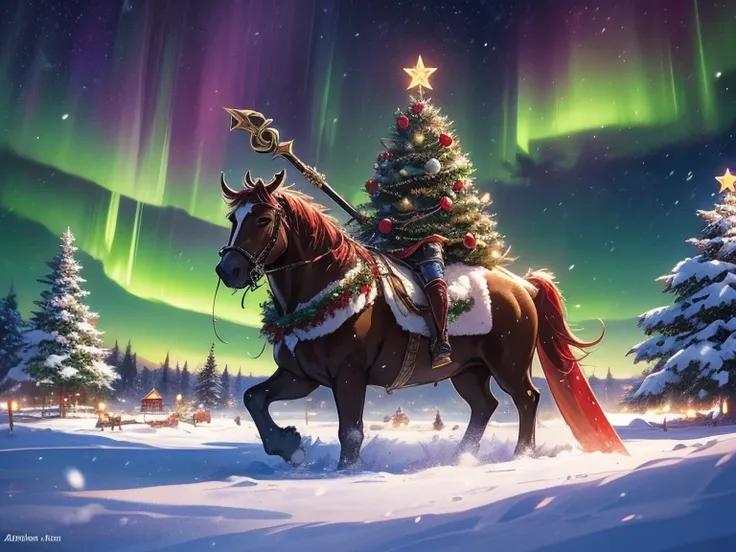 A snowy nighttime fantasy scene featuring three unique warriors standing atop a hill. Above them, the aurora borealis lights up the starry sky in vibrant greens and purples. In the distance, a cozy, snow-covered village is visible with a large, glowing Chr...