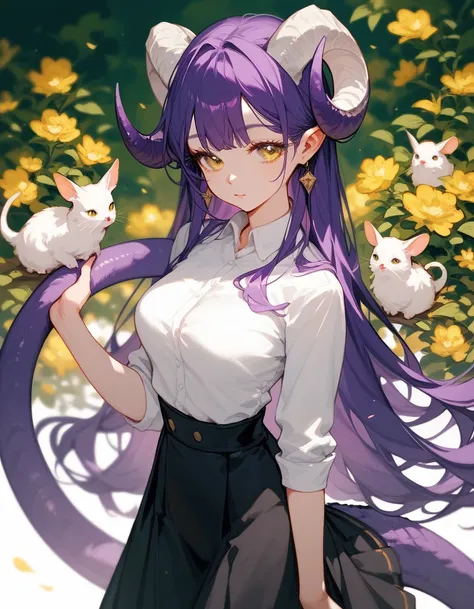 girl, purple hair,With curved horns ,Long hair,I gathered, has a tail , White Shirt,Long black skirt, eyes in yellow eyes,cute, medium breasts ,Long eyelashes,beautiful,