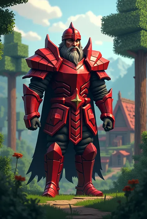 create a red armored viking warrior in a forest and a viking village and people around minecraft style