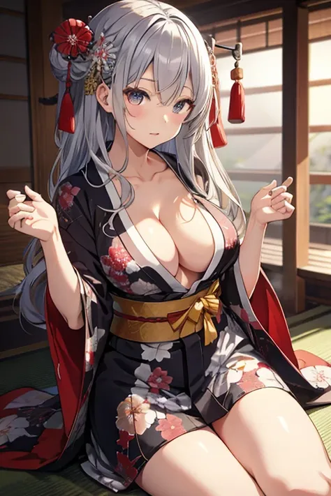 The kimono that opened my chest 、 cleavage、Thighs、、 beautiful girl、 rugged expression 、（E Cup、Long silver hair）、Japanese style background