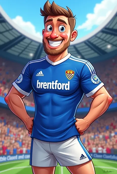 Create an AI cartoon image of a man in a cool uniform wearing a bright Brentford team football kit