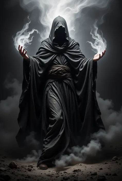 This is a dramatic, CGI-generated image depicting a powerful, mystical scene steeped in void-like darkness. The central figure is an imposing, hooded entity, draped in a tattered cloak that billows eerily around them, as if alive with the essence of shadow...