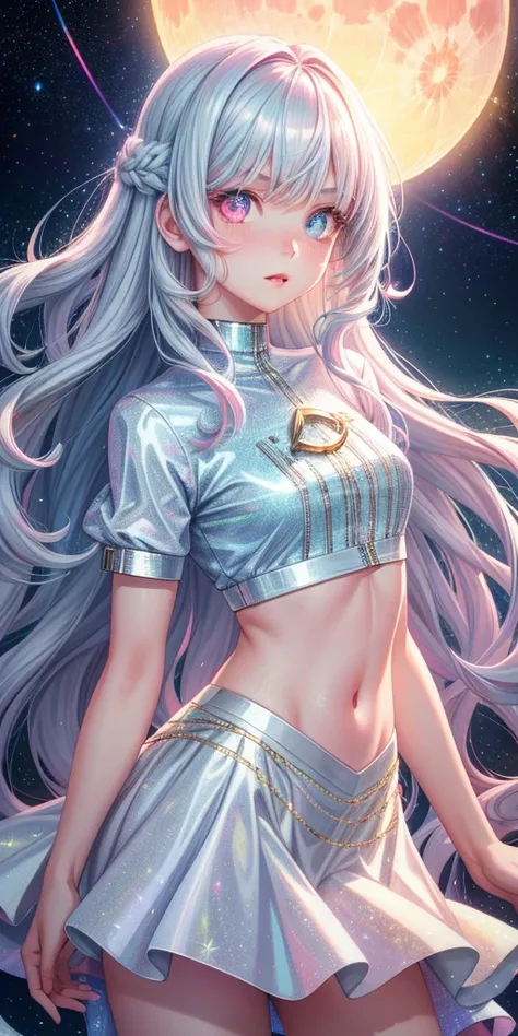 realistic, 1girl, holographic long wavy hair, heterochromic eyes, glowing eyes, holo crop top, holo skirt, parted lips, blush, moon, night, white roses, pastel pink,pastel blue tetradic colors, glitter